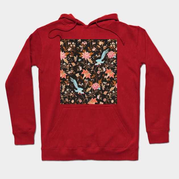 BLUE BIRDS,POMEGRANATE FLOWERS AND BUTTERFLIES Antique Red Brown Floral Pattern Hoodie by BulganLumini